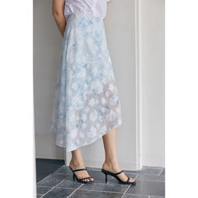 HeyDress蓝色晕染印花半身裙女高腰剪花不规则半透设计感半裙子