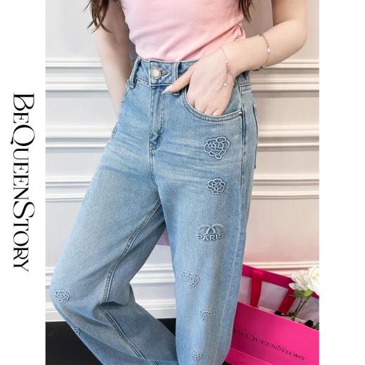 余潇潇【暗语玫瑰】重工山茶花3D立体压胶印花高腰直筒百搭牛仔裤 商品图2