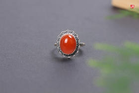 南红保山冰红戒指【佳宁】，925银镶