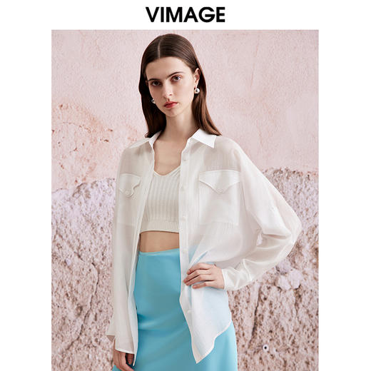 VIMAGE纬漫纪夏季新款舒适清爽外搭防晒衣显瘦百搭时尚白色衬衫V2109708 商品图2