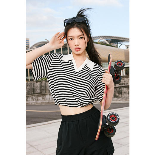 【积分换购不退货】【特惠不退货】诗凡黎条纹T恤2023夏季新款翻领黑白条韩式短款甜美减龄短袖3E5700711 商品图1