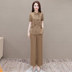 QYMOMS-YBA468-L 2024年夏款新中式国风时尚短袖小衫简约长款显瘦休闲阔腿裤两件套