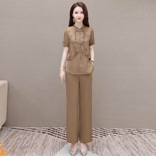 QYMOMS-YBA468-L 2024年夏款新中式国风时尚短袖小衫简约长款显瘦休闲阔腿裤两件套 商品图0