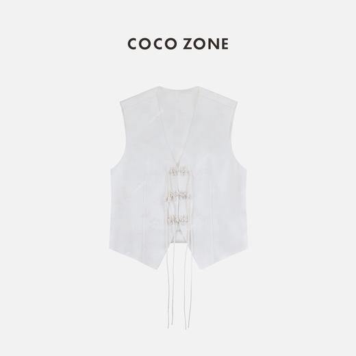 COCO ZONE2024春夏装无袖新中式国风盘扣V领提花马夹CC1A0446 商品图0