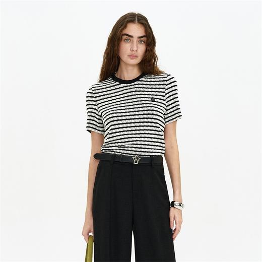 SELFWHO撞色条纹短袖t恤女夏2024新款圆领修身正肩小个子短款上衣 商品图1