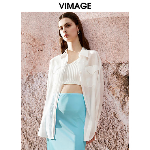 VIMAGE纬漫纪夏季新款舒适清爽外搭防晒衣显瘦百搭时尚白色衬衫V2109708 商品图0