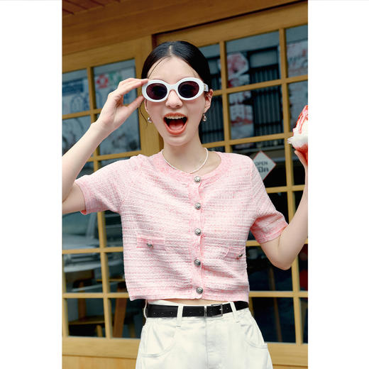 【严选】诗凡黎粉色小香风针织开衫2024夏新款显瘦短款气质名媛上衣女SF3430681 商品图0