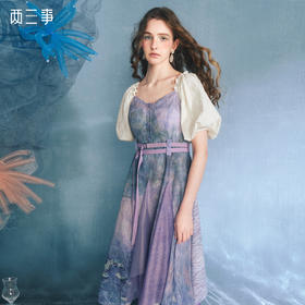 两三事诗意午后2024夏季新款复古拼色泡泡袖系带印花连衣裙