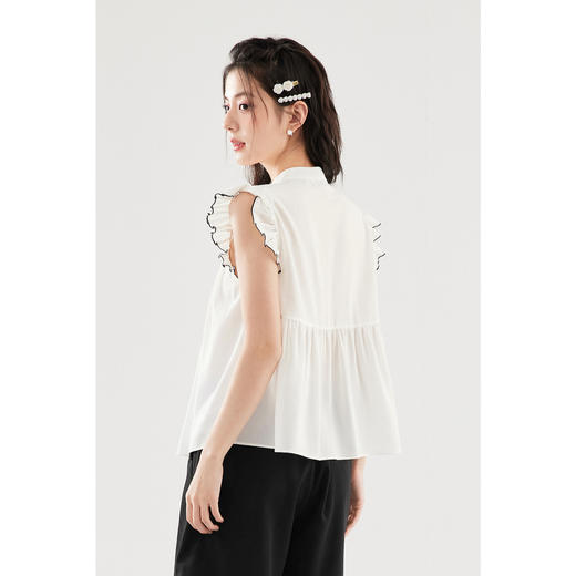 【严选】诗凡黎白色新中式小飞袖蝴蝶结盘扣衬衫2024夏新款立领雪纺衫SF4420581 商品图4