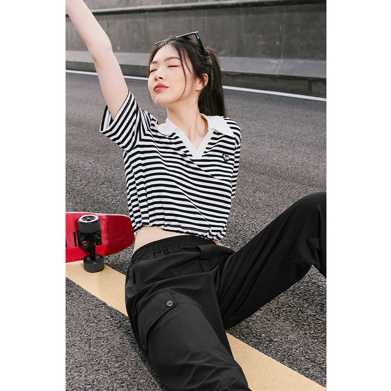 【积分换购不退货】【特惠不退货】诗凡黎条纹T恤2023夏季新款翻领黑白条韩式短款甜美减龄短袖3E5700711