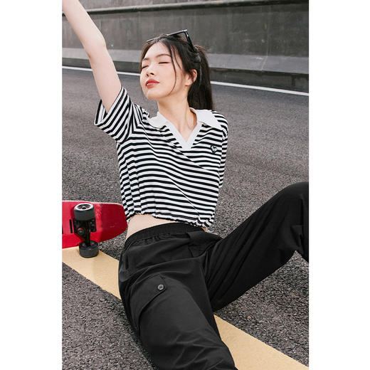 【积分换购不退货】【特惠不退货】诗凡黎条纹T恤2023夏季新款翻领黑白条韩式短款甜美减龄短袖3E5700711 商品图0
