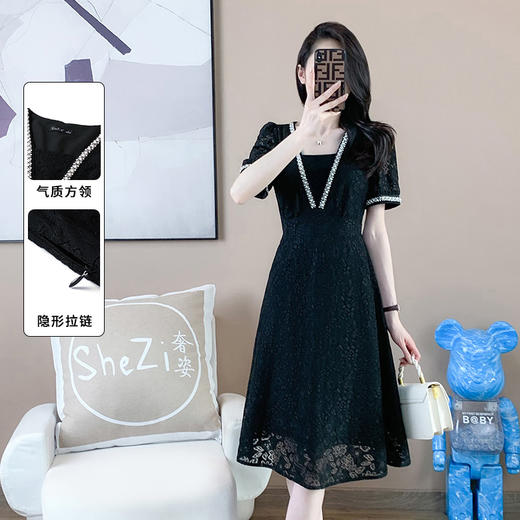奢姿2025年夏装新款大码女装气质蕾丝连衣裙胖妹妹方领时尚裙子9932852722【1】 商品图0