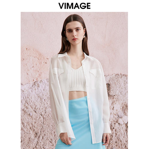 VIMAGE纬漫纪夏季新款舒适清爽外搭防晒衣显瘦百搭时尚白色衬衫V2109708 商品图3