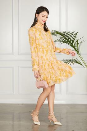 amadella 荷叶边立领黄色印花连衣裙 11229