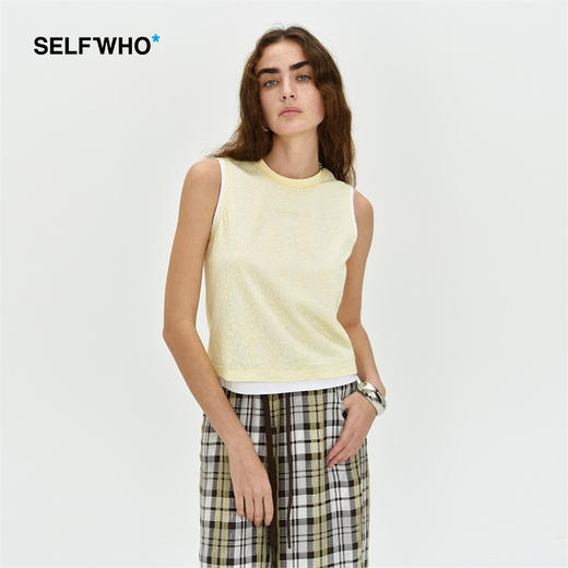 SELFWHO浅米黄双层针织背心女夏季2024新款凉爽拼色罗纹圆领上衣 商品图0