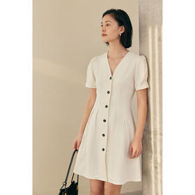 HeyDress白色连衣裙女夏季法式V领收腰设计感通勤气质短款A字裙子