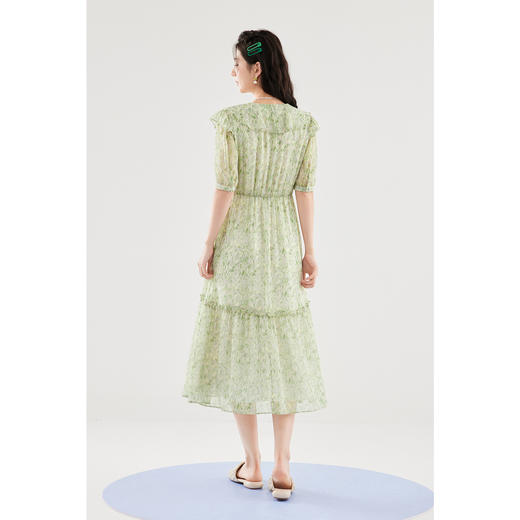 【严选】诗凡黎绿色浪漫荷叶边飘带碎花连衣裙2024年夏新款薄荷曼波长裙女SF4391061 商品图4