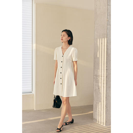 HeyDress白色连衣裙女夏季法式V领收腰设计感通勤气质短款A字裙子 商品图1