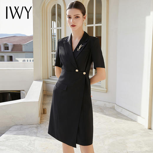 IWY/黑色西装连衣裙短袖夏款设计感高级通勤商务不对称下摆工作服Q1130-B 商品图0