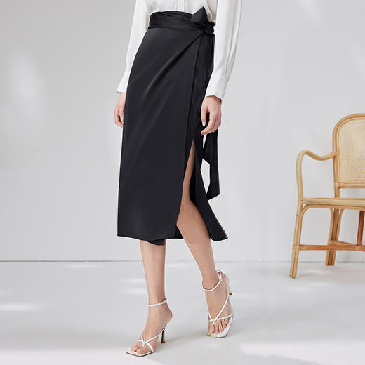 EITIE爱特爱中式高腰一片式绑带开叉半身裙黑色通勤显瘦夏新款B06116 商品图1
