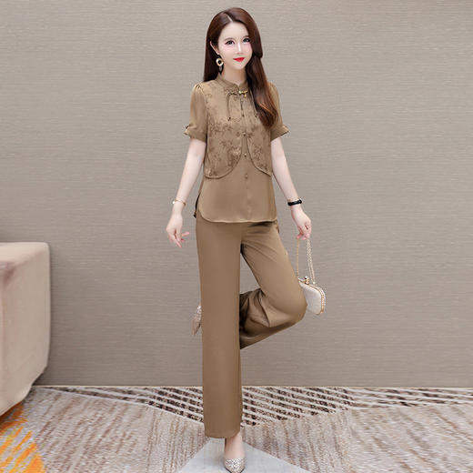 QYMOMS-YBA468-L 2024年夏款新中式国风时尚短袖小衫简约长款显瘦休闲阔腿裤两件套 商品图1