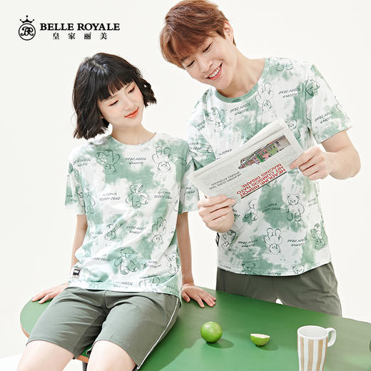夏季薄款时尚印花睡衣情侣款短袖短裤棉可外穿家居服套装JJT9933 商品图1