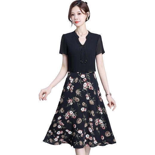 KED-6428-Y新中式印花裙拼结时尚假两件中长裙2024年夏季新款高腰雪纺裙 商品图4