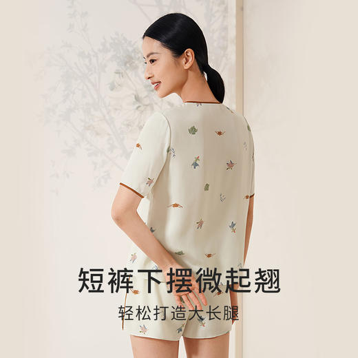 真丝睡衣女100%桑蚕丝新中式斜襟印花短袖短裤衣裤套家居服金三塔 YSFEB407 商品图3
