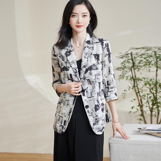 米思阳2025夏季新款水墨国风天丝西装设计感原创印花宽松上衣1005 商品图1