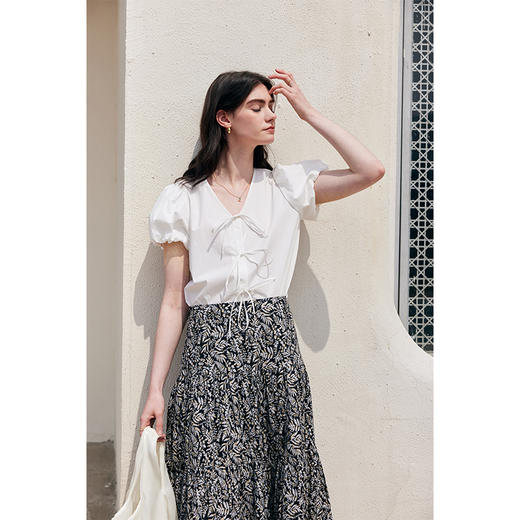 HeyDress蝴蝶结衬衫女夏季法式V领宽松系带纯棉小衫浪漫气质上衣 商品图0