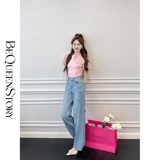 余潇潇【暗语玫瑰】重工山茶花3D立体压胶印花高腰直筒百搭牛仔裤 商品图3