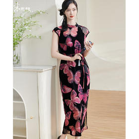 剩S/M/L/XL 米思阳2025夏季新款国风优雅气质连衣裙丝绒立领修身包臀裙女1485