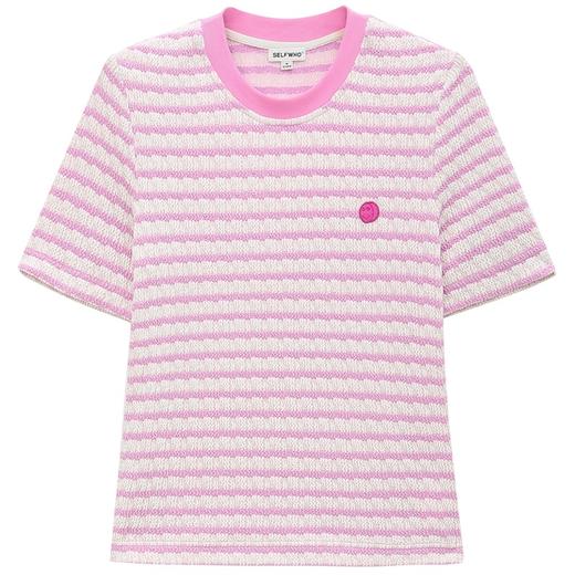 SELFWHO撞色条纹短袖t恤女夏2024新款圆领修身正肩小个子短款上衣 商品图3