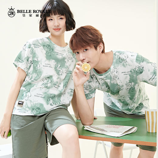 夏季薄款时尚印花睡衣情侣款短袖短裤棉可外穿家居服套装JJT9933 商品图2