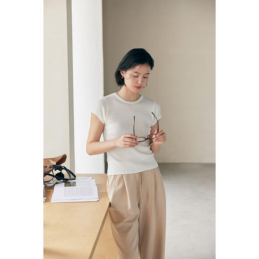 HeyDress针织正肩t恤女夏季绵羊毛圆领修身百搭半袖高级短袖上衣 商品图0