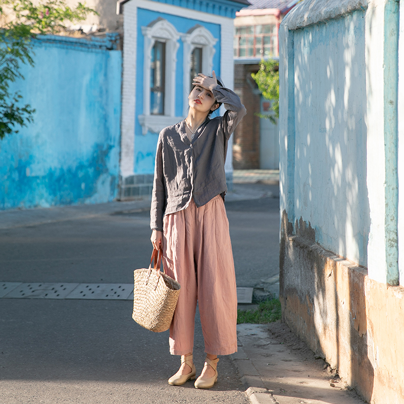 绽放223+216朵/文艺减龄休闲百搭萝卜裤亚麻裤子女棉麻宽松阔腿九分裤