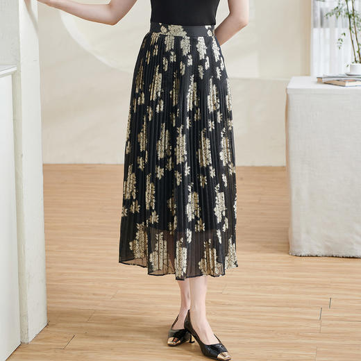 米思阳2026春季新款新中式优雅气质半身裙高腰修身提花百褶裙1451 商品图1