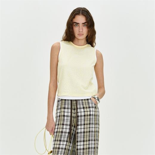 SELFWHO浅米黄双层针织背心女夏季2024新款凉爽拼色罗纹圆领上衣 商品图1