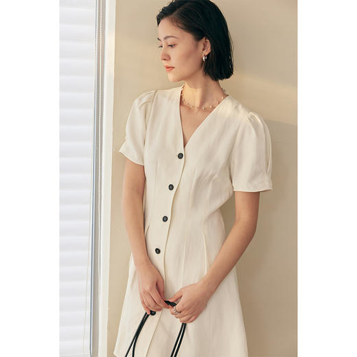 HeyDress白色连衣裙女夏季法式V领收腰设计感通勤气质短款A字裙子 商品图2