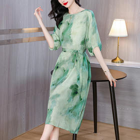 TZW-重磅真丝绿色水墨画连衣裙女2024夏季新款法式气质收腰显瘦长裙