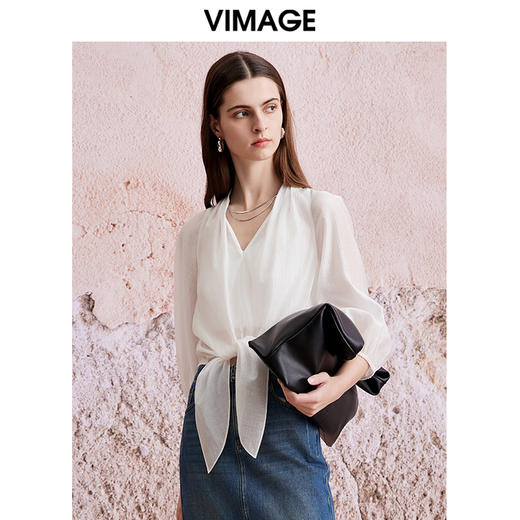 VIMAGE纬漫纪夏季新款五分袖绑带时尚显瘦短款上衣女V2113718 商品图3