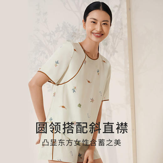 真丝睡衣女100%桑蚕丝新中式斜襟印花短袖短裤衣裤套家居服金三塔 YSFEB407 商品图1