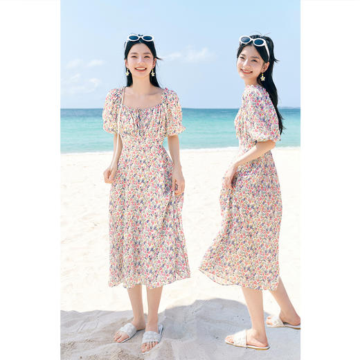 【严选】诗凡黎粉色碎花收腰连衣裙2024夏新款流行漂亮泡泡袖法式中长裙女SF4290981 商品图1