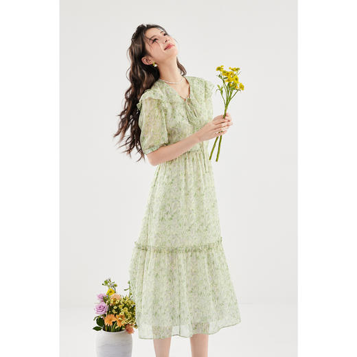 【严选】诗凡黎绿色浪漫荷叶边飘带碎花连衣裙2024年夏新款薄荷曼波长裙女SF4391061 商品图2