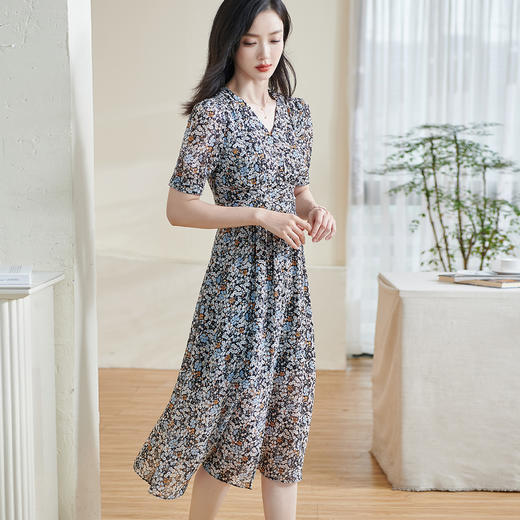 剩S/M/L/XL 米思阳2025夏季新款知性优雅气质连衣裙碎花设计泡泡袖A字裙1032 商品图1