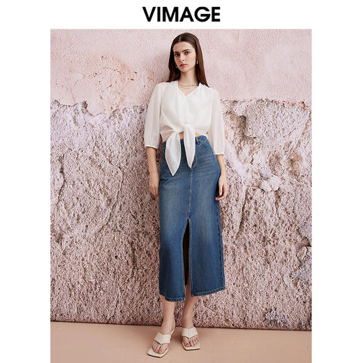 VIMAGE纬漫纪夏季新款五分袖绑带时尚显瘦短款上衣女V2113718 商品图1