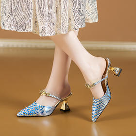 【预售5天】个性鱼皮纹，真皮高跟包头半拖鞋PLGZ&B1951