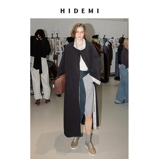 HIDEMI 黑色简约格纹拼接翻领长风衣 商品图14