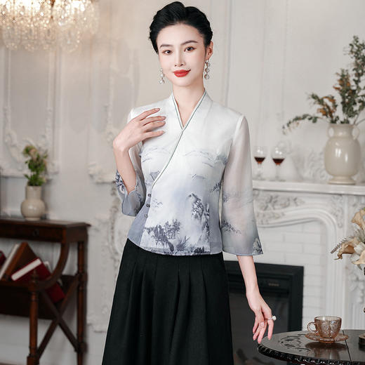 新中式中国风，禅意水墨V领旗袍雪纺上衣两件套HH-9973 商品图1