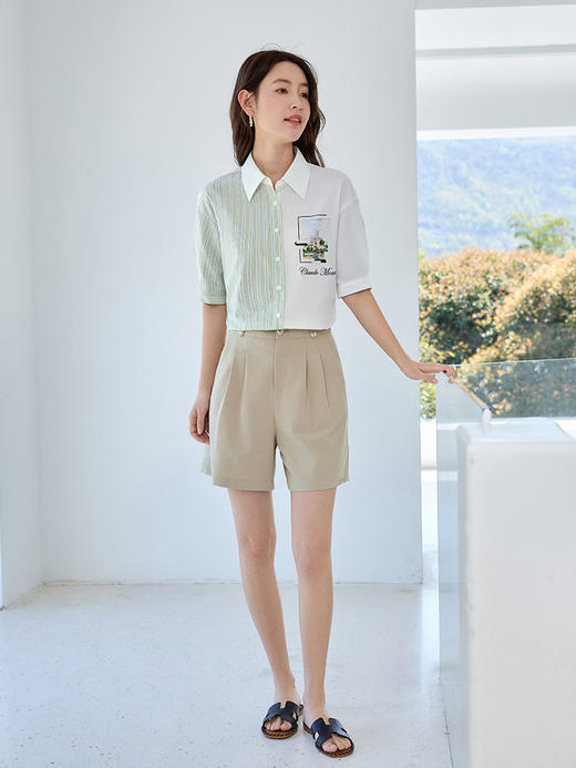 【开门红】【莫奈联名】熙世界条纹拼接印花衬衫夏季时尚别致短袖休闲衬衣 商品图3